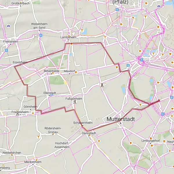 Map miniature of "Rheinhessen Gravel Explorer" cycling inspiration in Rheinhessen-Pfalz, Germany. Generated by Tarmacs.app cycling route planner