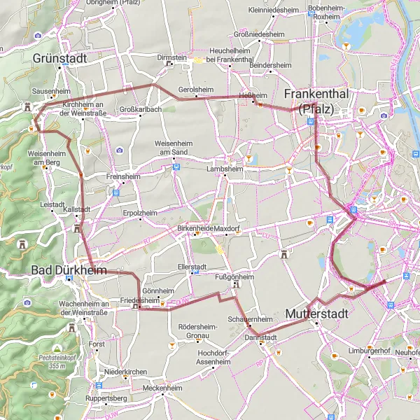Karten-Miniaturansicht der Radinspiration "Gravel-Tour durch Mutterstadt" in Rheinhessen-Pfalz, Germany. Erstellt vom Tarmacs.app-Routenplaner für Radtouren