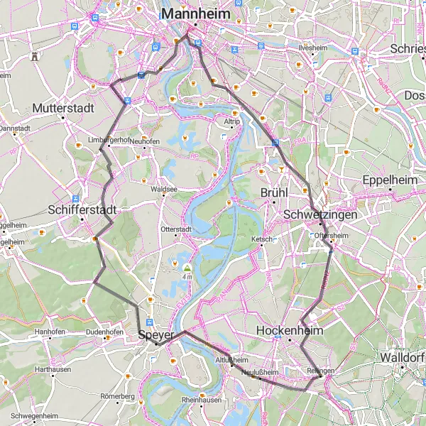 Map miniature of "Mannheim to Speyer and back" cycling inspiration in Rheinhessen-Pfalz, Germany. Generated by Tarmacs.app cycling route planner