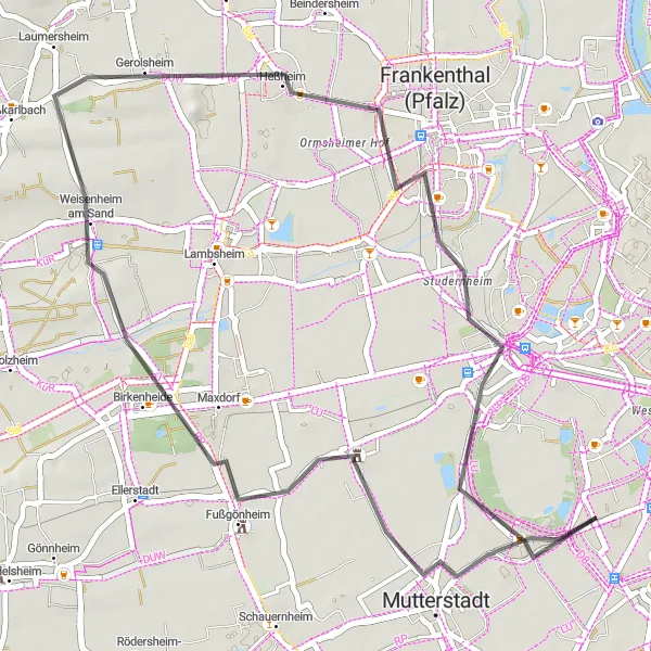 Map miniature of "Gartenstadt Explorer" cycling inspiration in Rheinhessen-Pfalz, Germany. Generated by Tarmacs.app cycling route planner