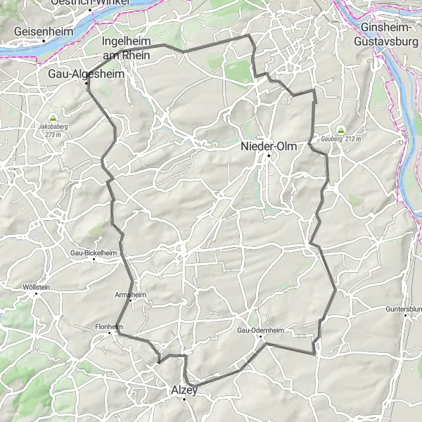 Map miniature of "Epic Road Cycling Route in Rheinhessen-Pfalz" cycling inspiration in Rheinhessen-Pfalz, Germany. Generated by Tarmacs.app cycling route planner