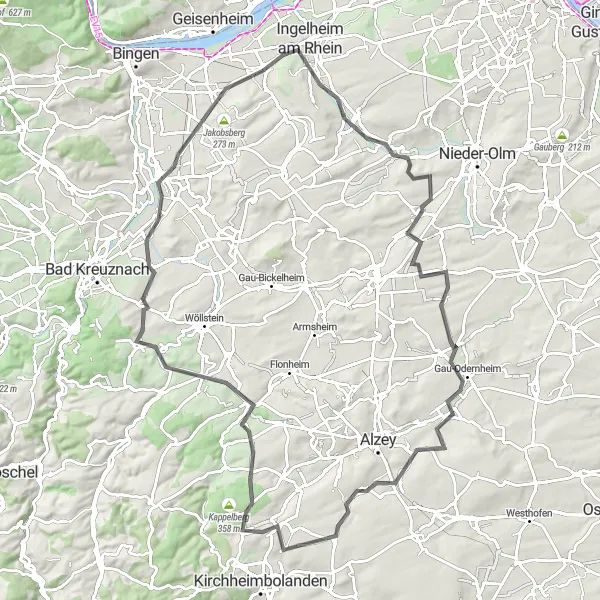 Map miniature of "Cycling Around Gau-Algesheim: From Vineyards to Hilltop Views" cycling inspiration in Rheinhessen-Pfalz, Germany. Generated by Tarmacs.app cycling route planner