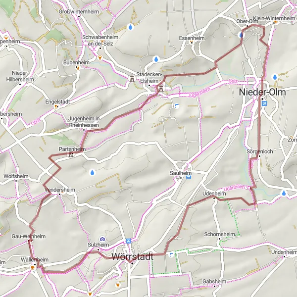 Map miniature of "Gau-Weinheim and Ober-Olm Tour" cycling inspiration in Rheinhessen-Pfalz, Germany. Generated by Tarmacs.app cycling route planner