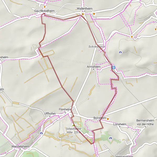 Map miniature of "Scenic Gravel Loop around Gau-Bickelheim" cycling inspiration in Rheinhessen-Pfalz, Germany. Generated by Tarmacs.app cycling route planner