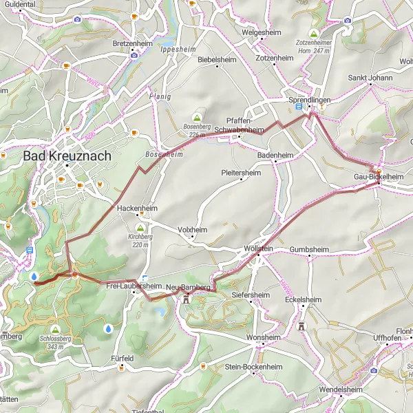 Map miniature of "Gau-Bickelheim and Bosenberg Loop" cycling inspiration in Rheinhessen-Pfalz, Germany. Generated by Tarmacs.app cycling route planner