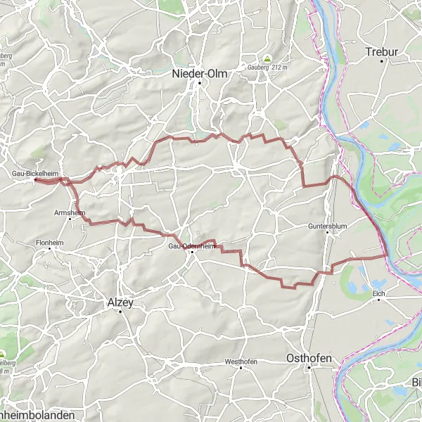 Map miniature of "Gravel Adventure: Gau-Bickelheim to Gimbsheim" cycling inspiration in Rheinhessen-Pfalz, Germany. Generated by Tarmacs.app cycling route planner