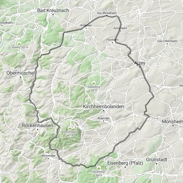 Karten-Miniaturansicht der Radinspiration "Rheinhessen Rundfahrt" in Rheinhessen-Pfalz, Germany. Erstellt vom Tarmacs.app-Routenplaner für Radtouren