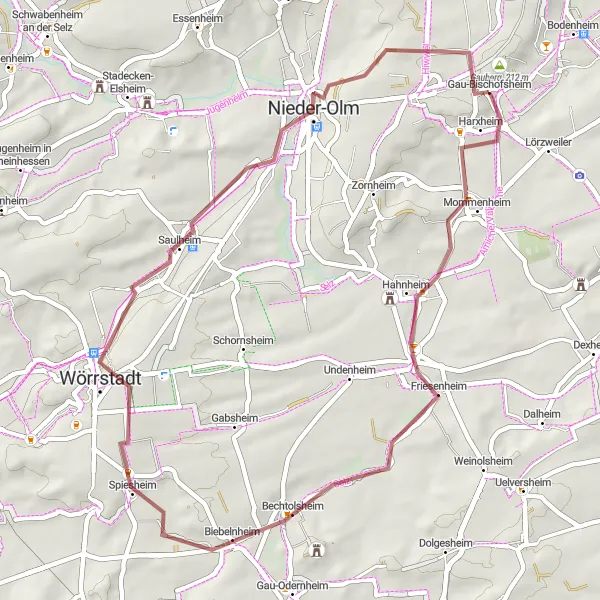 Map miniature of "Harxheim and Röther Berg Gravel Route" cycling inspiration in Rheinhessen-Pfalz, Germany. Generated by Tarmacs.app cycling route planner