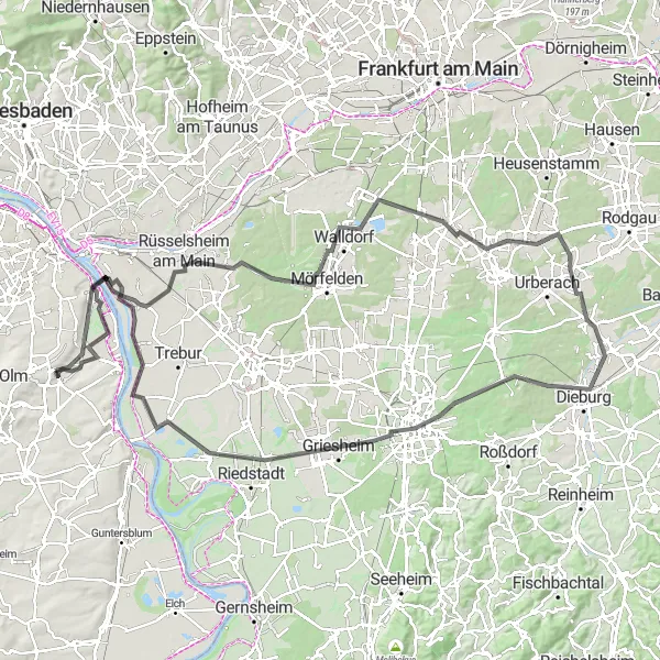 Map miniature of "Rheinhessen-Pfalz Round-trip Cycling Route" cycling inspiration in Rheinhessen-Pfalz, Germany. Generated by Tarmacs.app cycling route planner