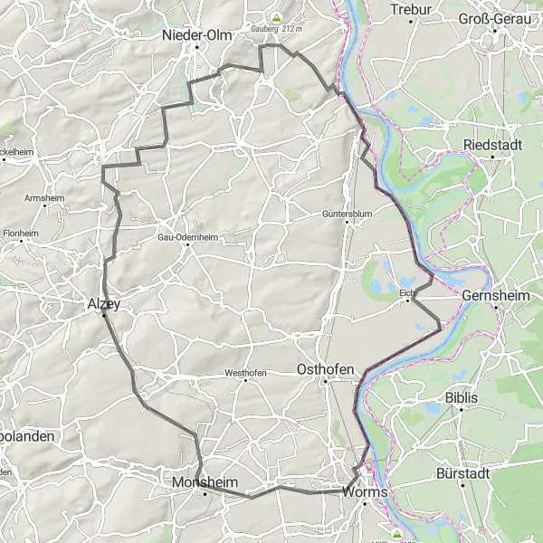 Map miniature of "Lörzweiler and Pfiffligheim Road Challenge" cycling inspiration in Rheinhessen-Pfalz, Germany. Generated by Tarmacs.app cycling route planner