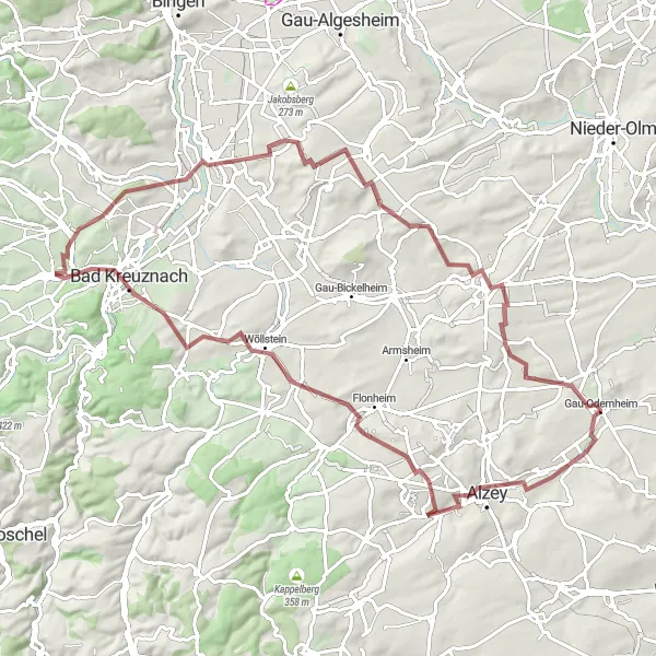 Map miniature of "Alzey-Heidesheim Round-trip" cycling inspiration in Rheinhessen-Pfalz, Germany. Generated by Tarmacs.app cycling route planner