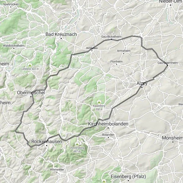 Map miniature of "Kirchheimbolanden Round-trip" cycling inspiration in Rheinhessen-Pfalz, Germany. Generated by Tarmacs.app cycling route planner