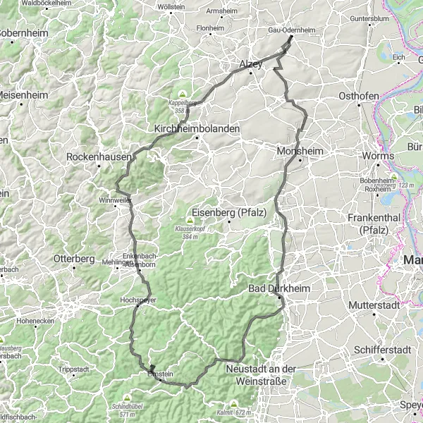 Map miniature of "Alzey Round-trip" cycling inspiration in Rheinhessen-Pfalz, Germany. Generated by Tarmacs.app cycling route planner