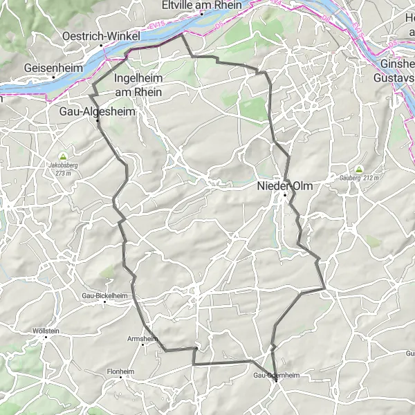 Map miniature of "Oppenheim Round-trip" cycling inspiration in Rheinhessen-Pfalz, Germany. Generated by Tarmacs.app cycling route planner