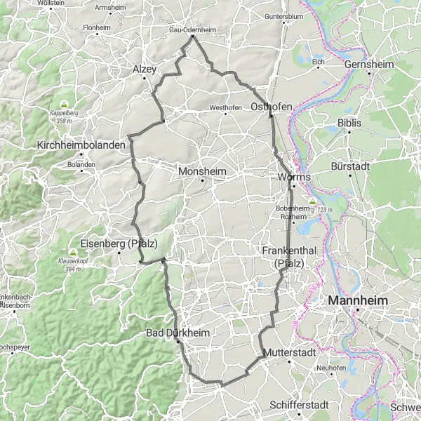 Map miniature of "Rheinhessen-Pfalz Road Adventure" cycling inspiration in Rheinhessen-Pfalz, Germany. Generated by Tarmacs.app cycling route planner