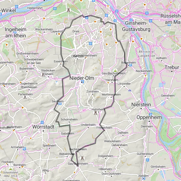Map miniature of "Rheinhessen Round-trip" cycling inspiration in Rheinhessen-Pfalz, Germany. Generated by Tarmacs.app cycling route planner