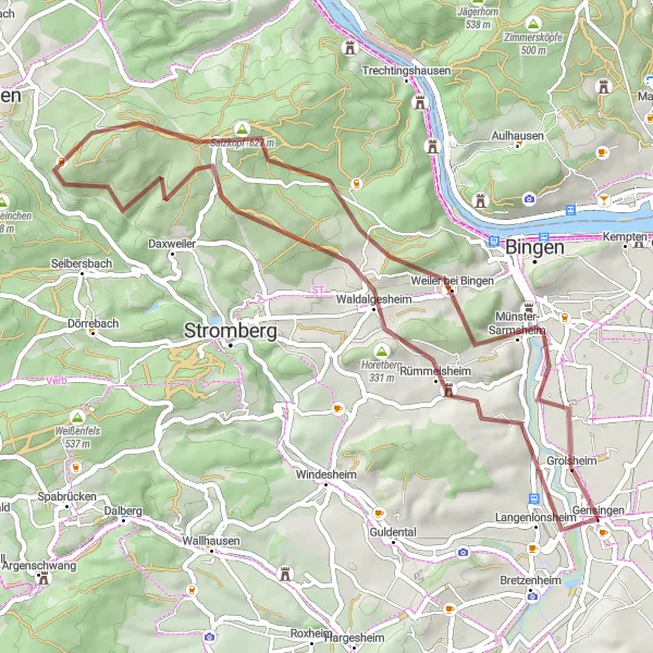 Map miniature of "Gensingen Gravel Adventure" cycling inspiration in Rheinhessen-Pfalz, Germany. Generated by Tarmacs.app cycling route planner