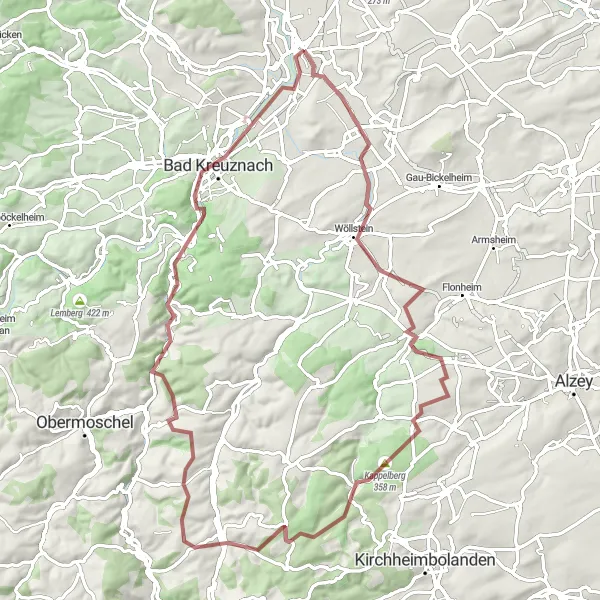 Map miniature of "Countryside Gravel Delight" cycling inspiration in Rheinhessen-Pfalz, Germany. Generated by Tarmacs.app cycling route planner