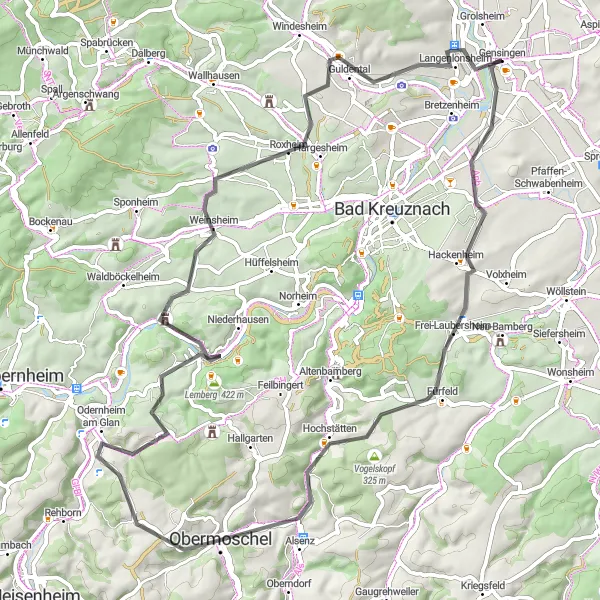 Map miniature of "Rheinhessen Countryside Ride" cycling inspiration in Rheinhessen-Pfalz, Germany. Generated by Tarmacs.app cycling route planner