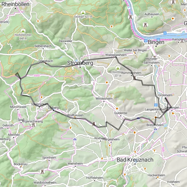 Map miniature of "Gutenberg and Beyond" cycling inspiration in Rheinhessen-Pfalz, Germany. Generated by Tarmacs.app cycling route planner