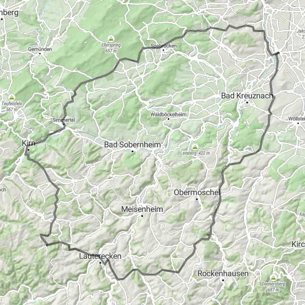 Karten-Miniaturansicht der Radinspiration "Bergtour durch Rheinhessen-Pfalz" in Rheinhessen-Pfalz, Germany. Erstellt vom Tarmacs.app-Routenplaner für Radtouren
