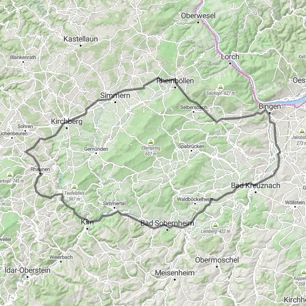 Map miniature of "The Hills of Rheinhessen" cycling inspiration in Rheinhessen-Pfalz, Germany. Generated by Tarmacs.app cycling route planner