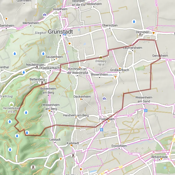 Karten-Miniaturansicht der Radinspiration "Weinberge und Wälder: Gravel-Tour durch Rheinhessen" in Rheinhessen-Pfalz, Germany. Erstellt vom Tarmacs.app-Routenplaner für Radtouren