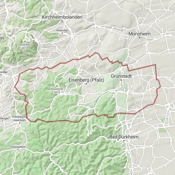 Map miniature of "Scenic Gravel Tour in Rheinhessen-Pfalz" cycling inspiration in Rheinhessen-Pfalz, Germany. Generated by Tarmacs.app cycling route planner