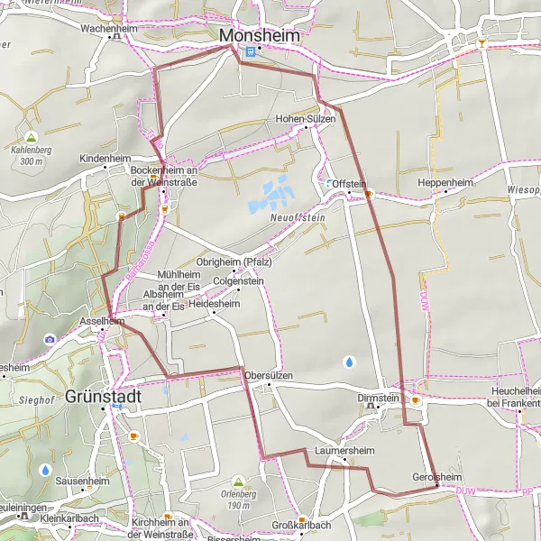 Map miniature of "Gravel Cycling Adventure in Rheinhessen-Pfalz" cycling inspiration in Rheinhessen-Pfalz, Germany. Generated by Tarmacs.app cycling route planner