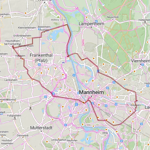 Map miniature of "Rural Beauty and Historic Towns" cycling inspiration in Rheinhessen-Pfalz, Germany. Generated by Tarmacs.app cycling route planner