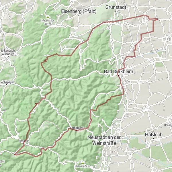 Map miniature of "Challenge Yourself on the Rheinhessen-Pfalz Gravel Route" cycling inspiration in Rheinhessen-Pfalz, Germany. Generated by Tarmacs.app cycling route planner