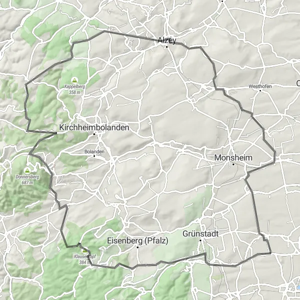 Map miniature of "Challenging Tour through Pfalz's Countryside" cycling inspiration in Rheinhessen-Pfalz, Germany. Generated by Tarmacs.app cycling route planner