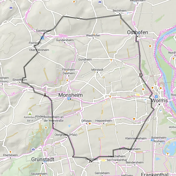 Map miniature of "Road Cycling Tour to Dirmstein and Osthofen" cycling inspiration in Rheinhessen-Pfalz, Germany. Generated by Tarmacs.app cycling route planner