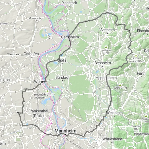 Map miniature of "Historic Towns and Natural Beauty Road Loop" cycling inspiration in Rheinhessen-Pfalz, Germany. Generated by Tarmacs.app cycling route planner