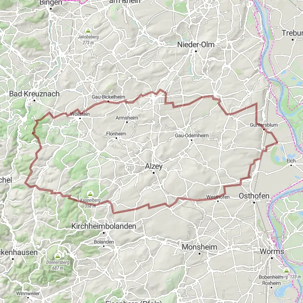 Map miniature of "The Rheinhessen Gravel Challenge" cycling inspiration in Rheinhessen-Pfalz, Germany. Generated by Tarmacs.app cycling route planner