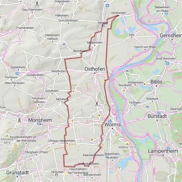 Karten-Miniaturansicht der Radinspiration "Kurze Gravel-Tour durch Rheindürkheim und Mörstadt" in Rheinhessen-Pfalz, Germany. Erstellt vom Tarmacs.app-Routenplaner für Radtouren