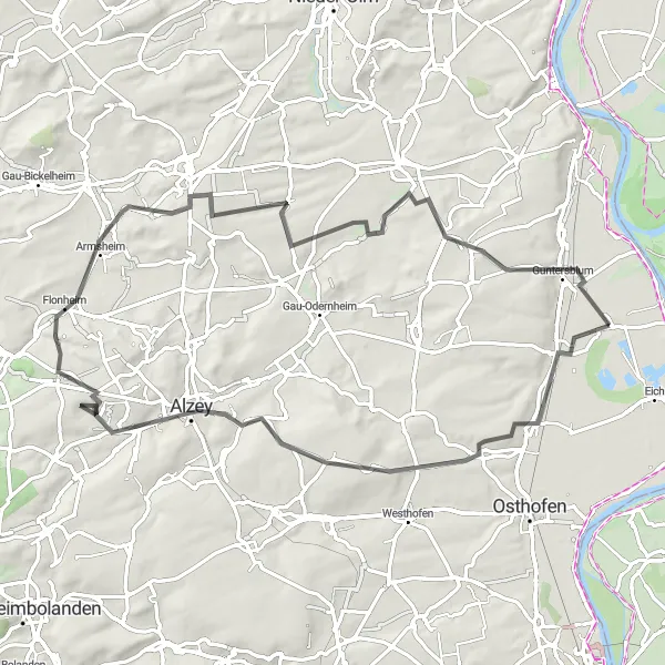 Map miniature of "Discover Rheinhessen Vineyards: Bechtheim to Weinolsheim" cycling inspiration in Rheinhessen-Pfalz, Germany. Generated by Tarmacs.app cycling route planner