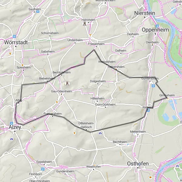 Karten-Miniaturansicht der Radinspiration "Kleine Straßenfahrt nach Albig und Guntersblum" in Rheinhessen-Pfalz, Germany. Erstellt vom Tarmacs.app-Routenplaner für Radtouren