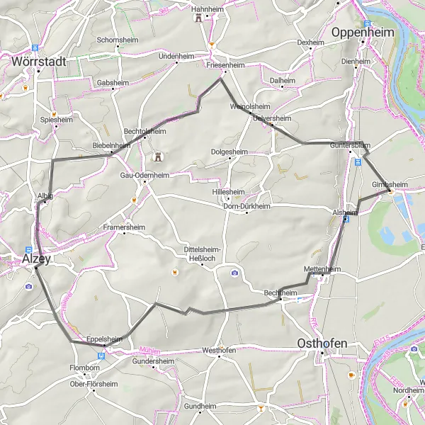 Map miniature of "Around Gimbsheim to Bechtheim and Guntersblum" cycling inspiration in Rheinhessen-Pfalz, Germany. Generated by Tarmacs.app cycling route planner
