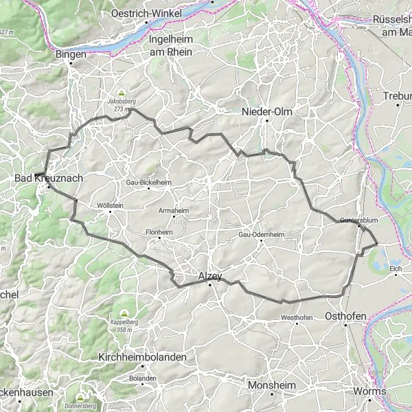Map miniature of "Gimbsheim to Bad Kreuznach via Hohe Pappel and Aspisheim" cycling inspiration in Rheinhessen-Pfalz, Germany. Generated by Tarmacs.app cycling route planner
