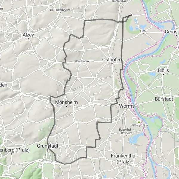 Map miniature of "Rheindürkheim Loop" cycling inspiration in Rheinhessen-Pfalz, Germany. Generated by Tarmacs.app cycling route planner