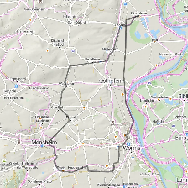 Karten-Miniaturansicht der Radinspiration "Weinberg-Tour von Gimbsheim" in Rheinhessen-Pfalz, Germany. Erstellt vom Tarmacs.app-Routenplaner für Radtouren
