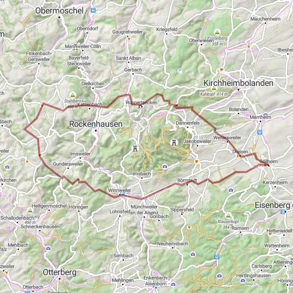 Map miniature of "Gravel Excursion Exploring Göllheim's Surroundings" cycling inspiration in Rheinhessen-Pfalz, Germany. Generated by Tarmacs.app cycling route planner