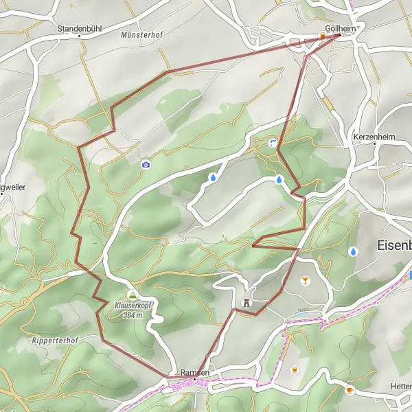 Map miniature of "The Gravel Adventure" cycling inspiration in Rheinhessen-Pfalz, Germany. Generated by Tarmacs.app cycling route planner