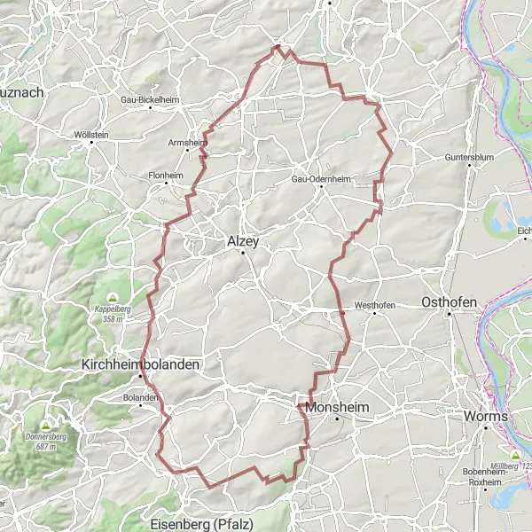 Map miniature of "Enchanting Gravel Journey through Mainz-Bingen District" cycling inspiration in Rheinhessen-Pfalz, Germany. Generated by Tarmacs.app cycling route planner