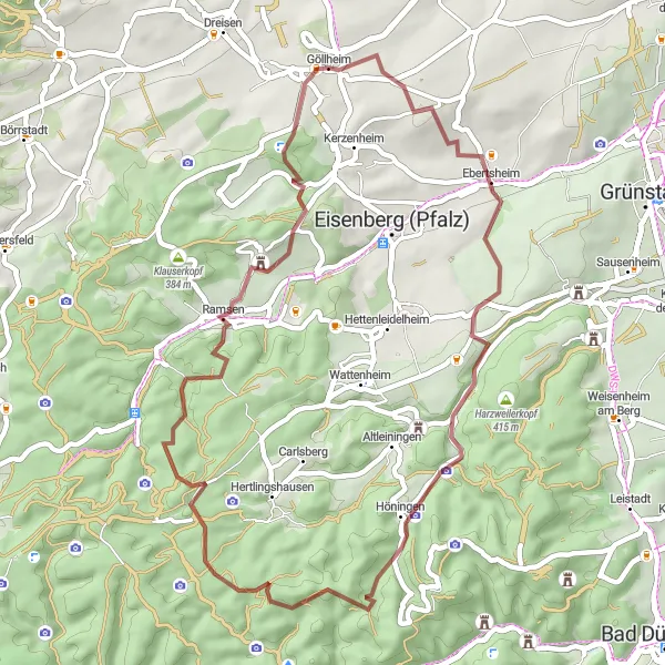 Map miniature of "The Gravel Adventure of Rheinhessen-Pfalz" cycling inspiration in Rheinhessen-Pfalz, Germany. Generated by Tarmacs.app cycling route planner