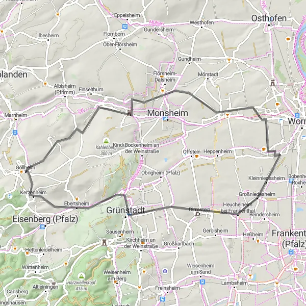 Karten-Miniaturansicht der Radinspiration "Weinstraße und Rheinblick" in Rheinhessen-Pfalz, Germany. Erstellt vom Tarmacs.app-Routenplaner für Radtouren