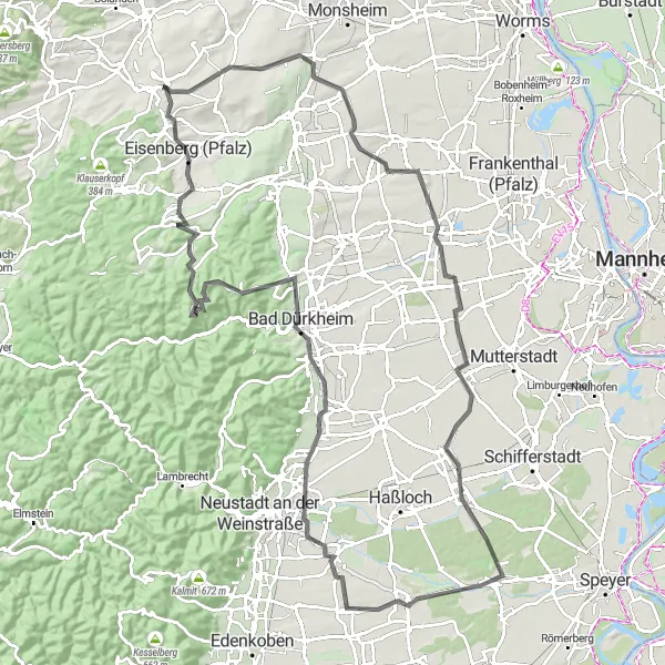 Map miniature of "The Palatinate Challenge" cycling inspiration in Rheinhessen-Pfalz, Germany. Generated by Tarmacs.app cycling route planner