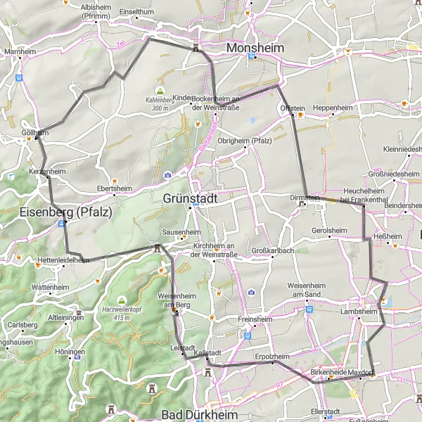 Map miniature of "The Dirmstein Loop" cycling inspiration in Rheinhessen-Pfalz, Germany. Generated by Tarmacs.app cycling route planner