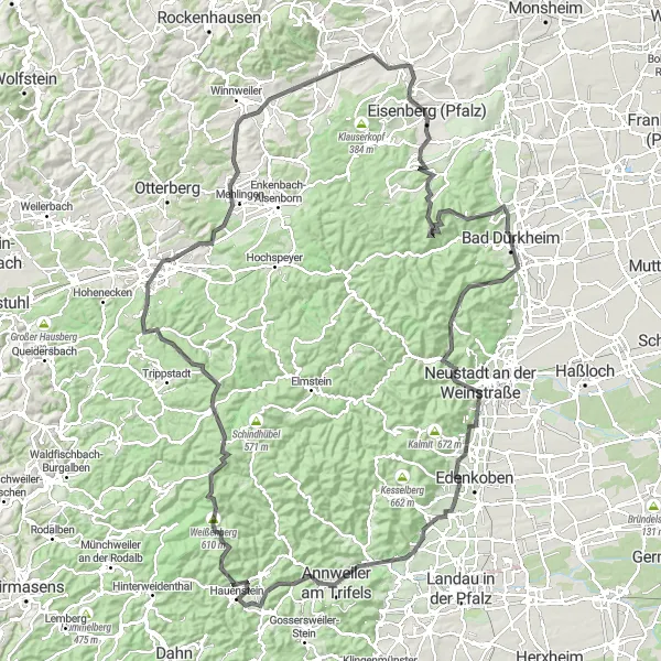 Map miniature of "Epic Road Cycling in the Pfalzer Wald" cycling inspiration in Rheinhessen-Pfalz, Germany. Generated by Tarmacs.app cycling route planner